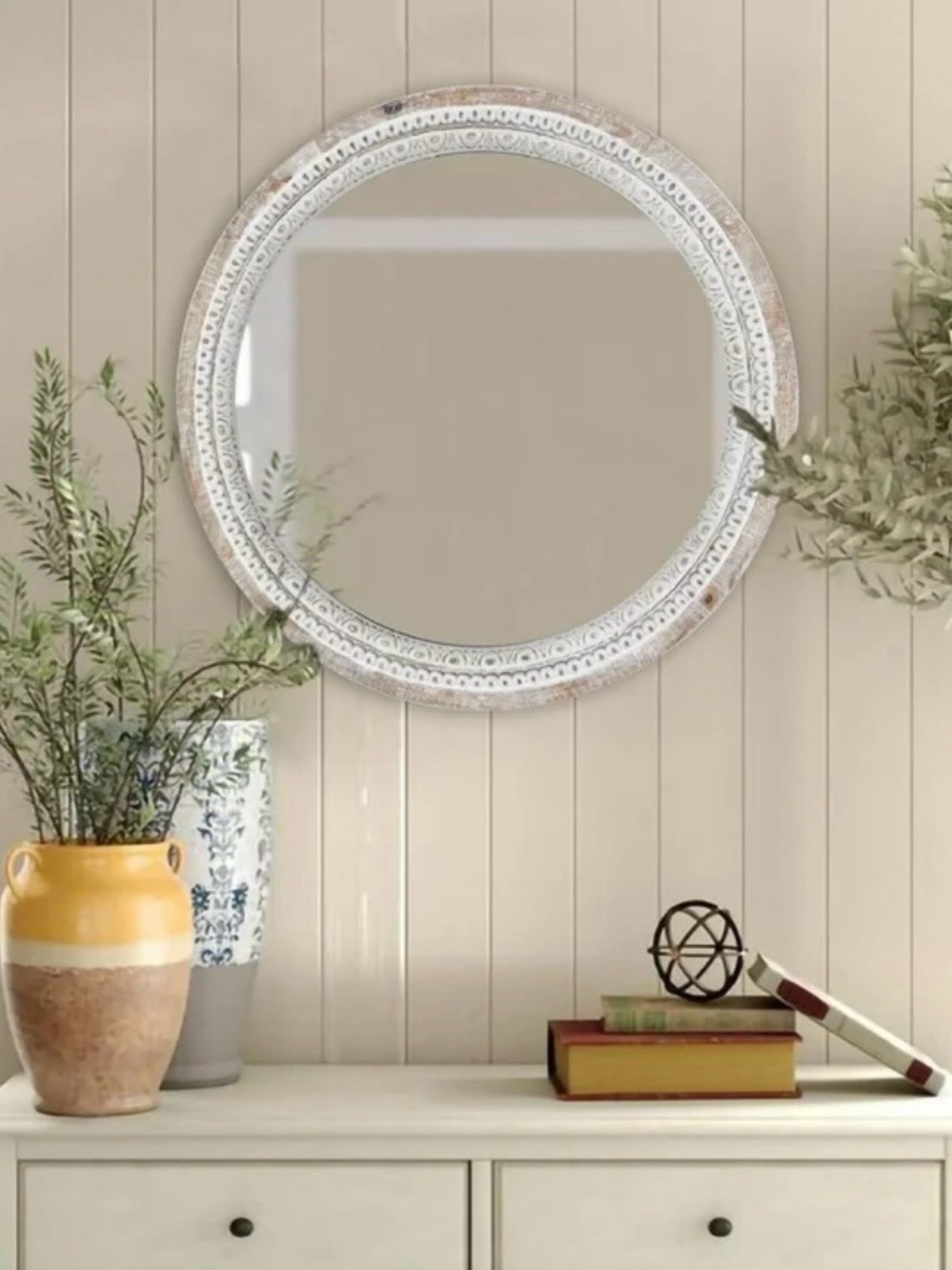 Round Decorative Wall Mirror in White and Natural Wood Tones